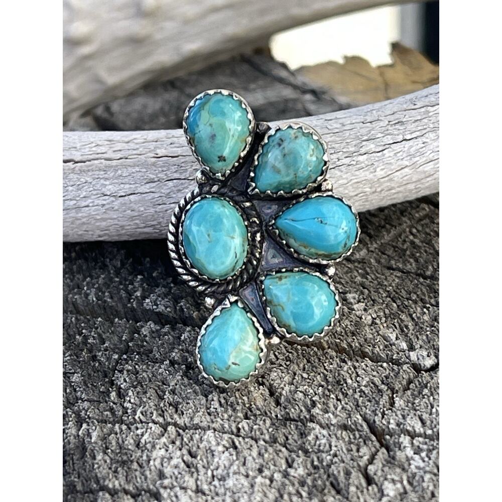 Sterling Silver NATIVE Style Turquoise Cluster Ring Size 7 Large SW Statement - Picture 3 of 11